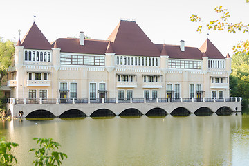 Image showing Moscow, Russia - August 11, 2015: A beautiful building - the castle on the lake in the territory of the Exhibition Center, Moscow, Prospekt Mira, REC, 119, page 511