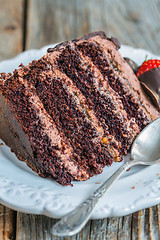 Image showing Plate with chocolate cake and teaspoon.