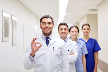 Image showing group of happy medics or doctors at hospital