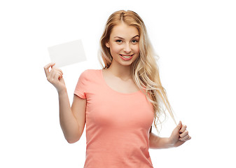 Image showing happy woman or teen girl with blank white paper