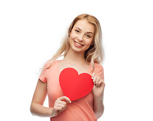 Image showing happy woman or teen girl with red heart shape