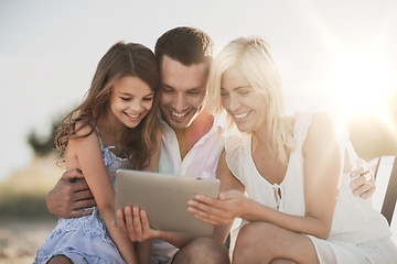 Image showing happy family with tablet pc taking picture