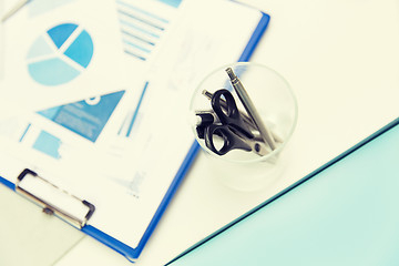 Image showing close up of cup with scissors and pens at office