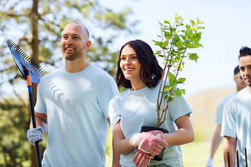 Image showing group of volunteers with trees and rake in park