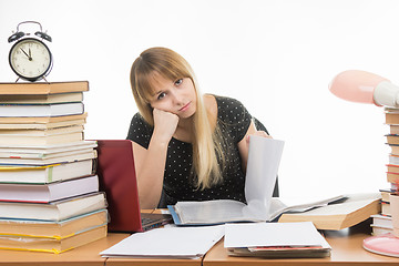 Image showing Student paper dull leafs at a table among books and stacks of looks in the picture