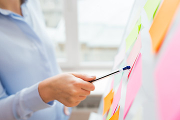 Image showing close up of hand pointing to sticker on flip chart