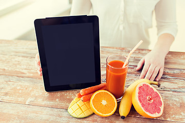 Image showing close up of woman hands with juice and fruits