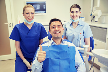 Image showing happy female dentists with man patient at clinic