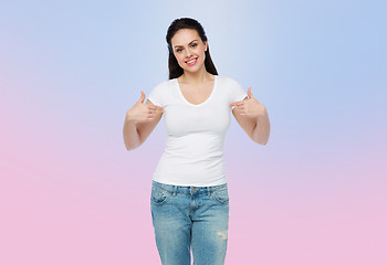 Image showing happy young woman or teenage girl in white t-shirt