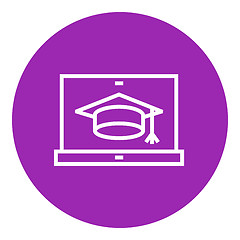 Image showing Laptop with graduation cap on screen line icon.