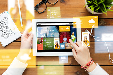 Image showing close up of woman with tablet pc on wooden table