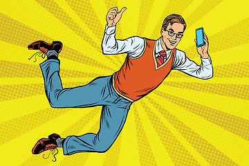 Image showing Flying hipster with a smartphone