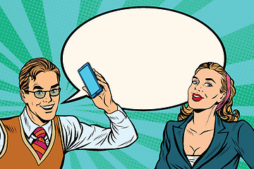 Image showing Male and female mobile phone dialogue