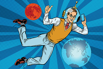 Image showing Space businessman with smartphone over the planet Earth and Mars