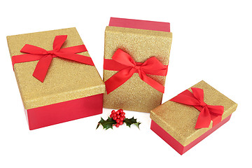 Image showing Christmas Gold Glitter Gift Boxes