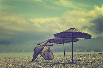 Image showing Old sunshade on deserted beach