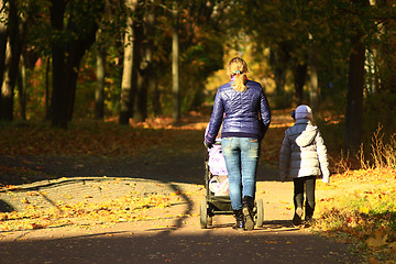 Image showing woman with perambulator and elder child in park