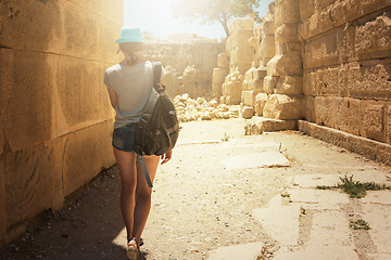 Image showing tourist woman at the ruins 