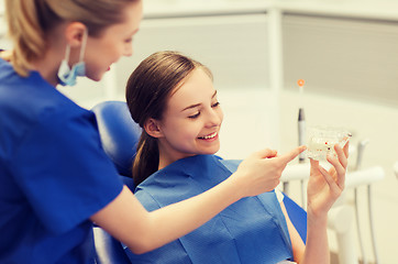 Image showing dentist showing jaw layout to happy girl patient