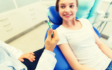 Image showing close up of dentist hand with toothbrush and girl