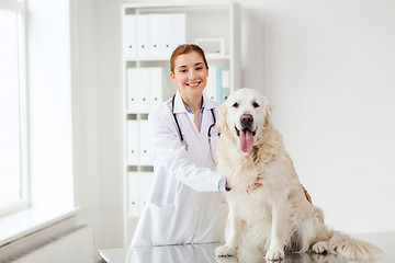 Image showing happy doctor with retriever dog at vet clinic