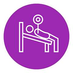 Image showing Man lying on bench and lifting barbell line icon.