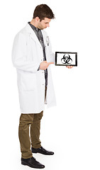 Image showing Doctor holding tablet - Warning! Biohazard!