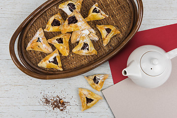 Image showing Tea, buns with jam