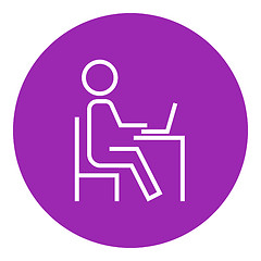Image showing Student sitting on chair in front of laptop line icon.