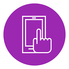 Image showing Finger pointing at smart phone line icon.