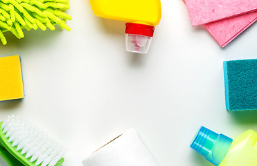 Image showing House cleaning products on white table