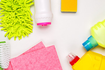 Image showing House cleaning products on white table