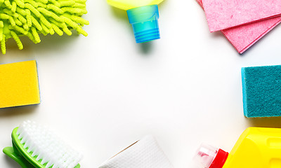 Image showing House cleaning products on white table