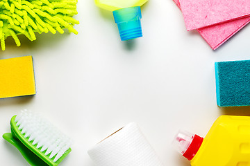 Image showing House cleaning products on white table