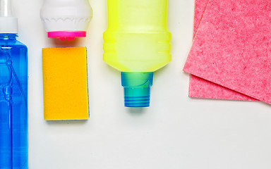 Image showing House cleaning products on white table