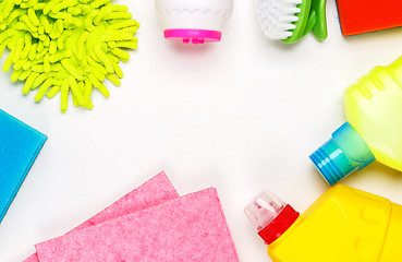 Image showing House cleaning products on white table