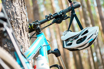 Image showing cycling helmet closeup on bicycle outdoors
