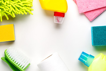 Image showing House cleaning products on white table