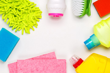 Image showing House cleaning products on white table