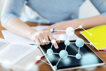 Image showing close up of woman with molecule on tablet pc