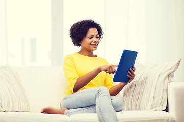 Image showing happy african american woman with tablet pc