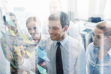 Image showing smiling business people with marker and stickers