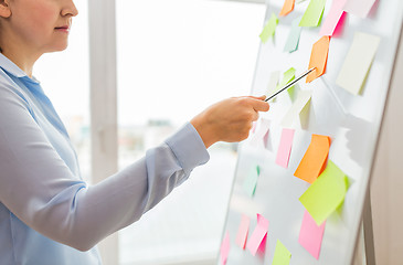 Image showing close up of hand pointing to sticker on flip chart