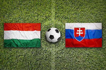 Image showing Hungary vs. Slovakia flags on soccer field