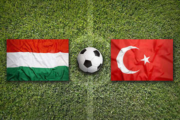 Image showing Hungary vs. Turkey flags on soccer field