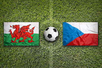 Image showing Wales vs. Czech Republic flags on soccer field