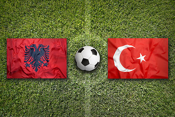 Image showing Albania vs. Turkey flags on soccer field