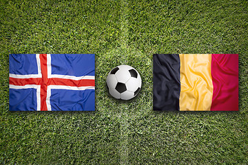 Image showing Iceland vs. Belgium flags on soccer field