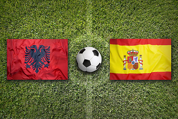Image showing Albania vs. Spain flags on soccer field