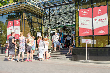 Image showing Moscow, Russia - August 11, 2015: A crowd of people in line at the ticket office of the Moscow Kremlin Museums